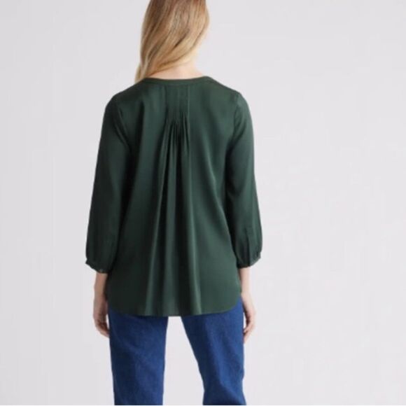 NEW Quince Washable Mulberry Silk Pleat Back 3/4 Puff Sleeve Blouse Green XS - Picture 3 of 10